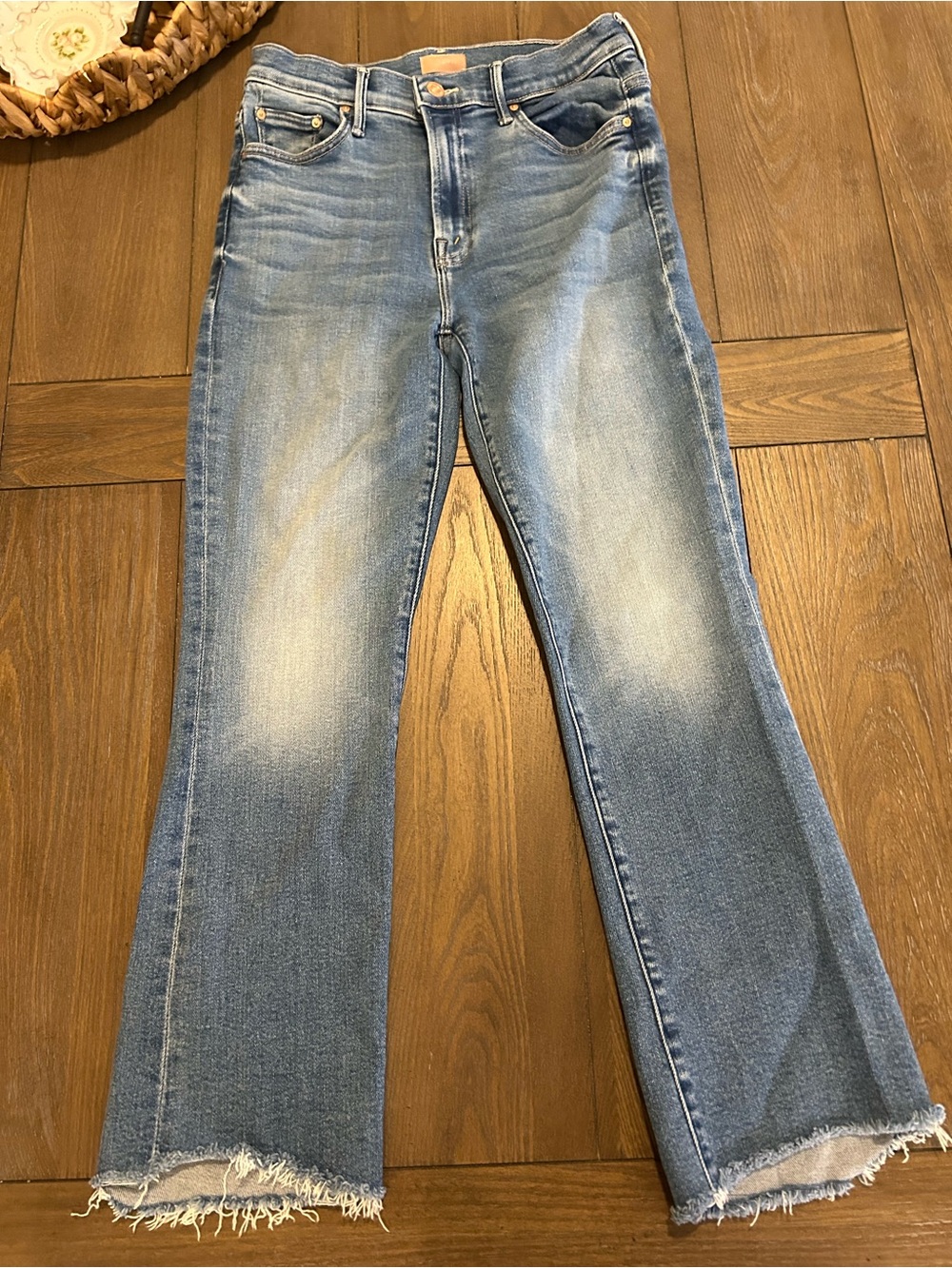 MOTHER Light Blue Frayed Hem Flare Jeans